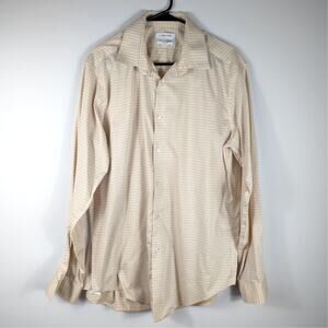 Calvin Klein Steel+ 16.5 34/35 Slim Fit Shirt Mens Beige Check Stretch Non Iron